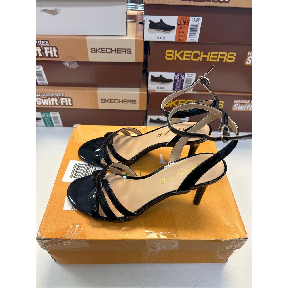 Unisa Unfinie-J Black Patent Ankle Strap Dress Sandals Heels Womens 8.5M 0581